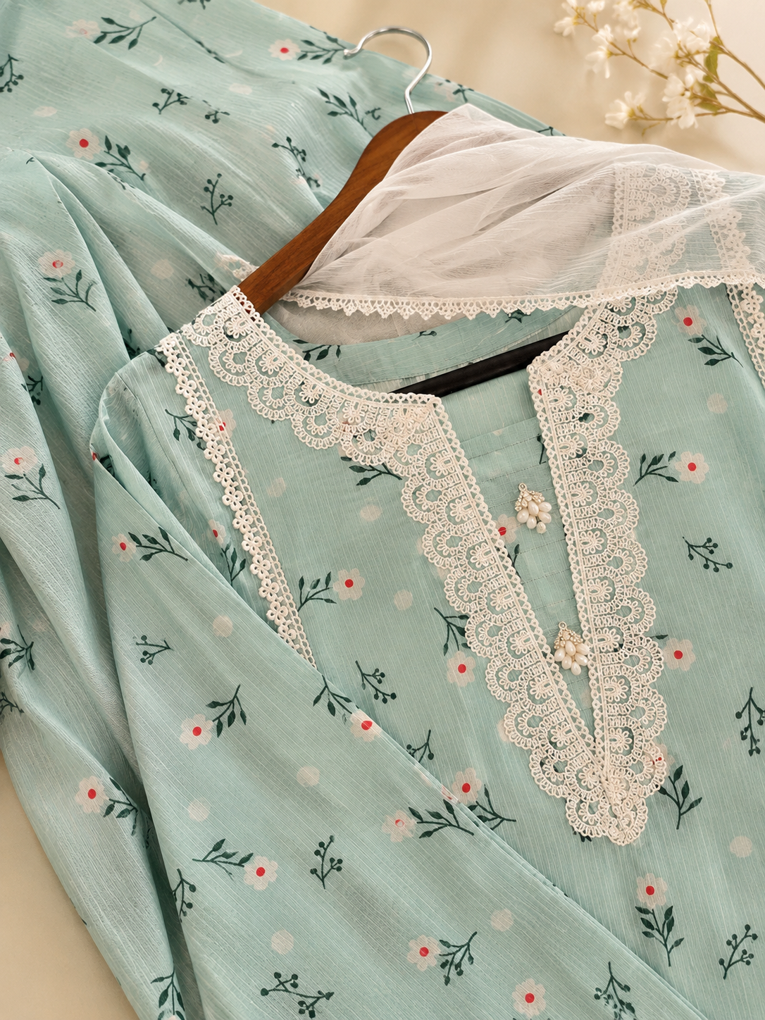 Teal dupatta with heavy embroidery and tassels