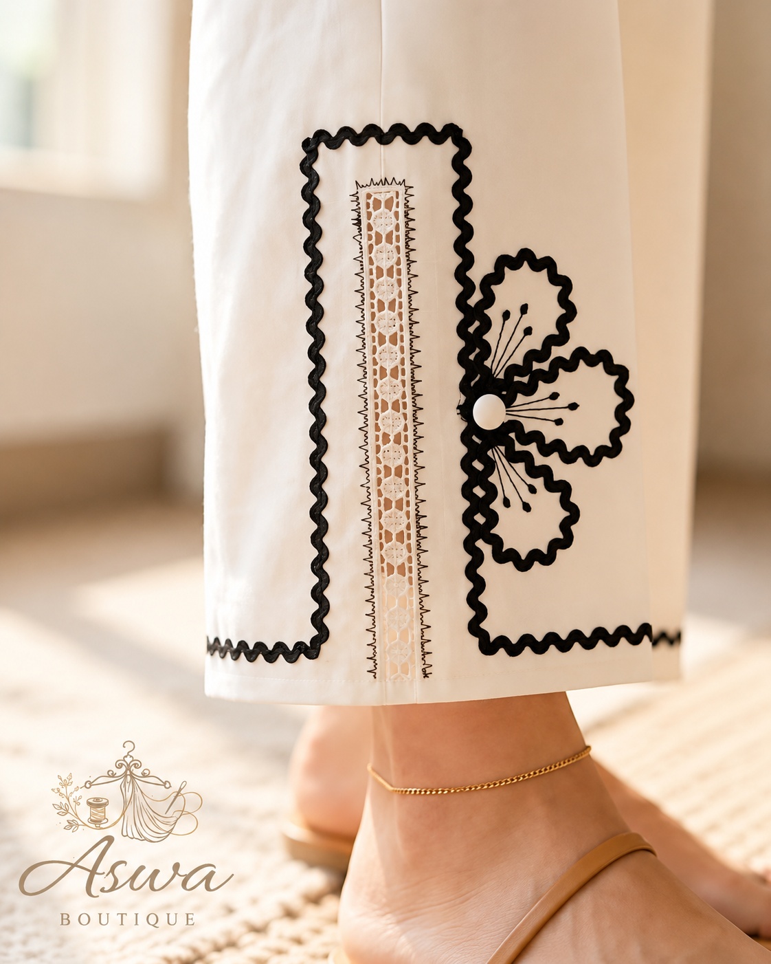 Purple sleeve with white lace flowers and pleats