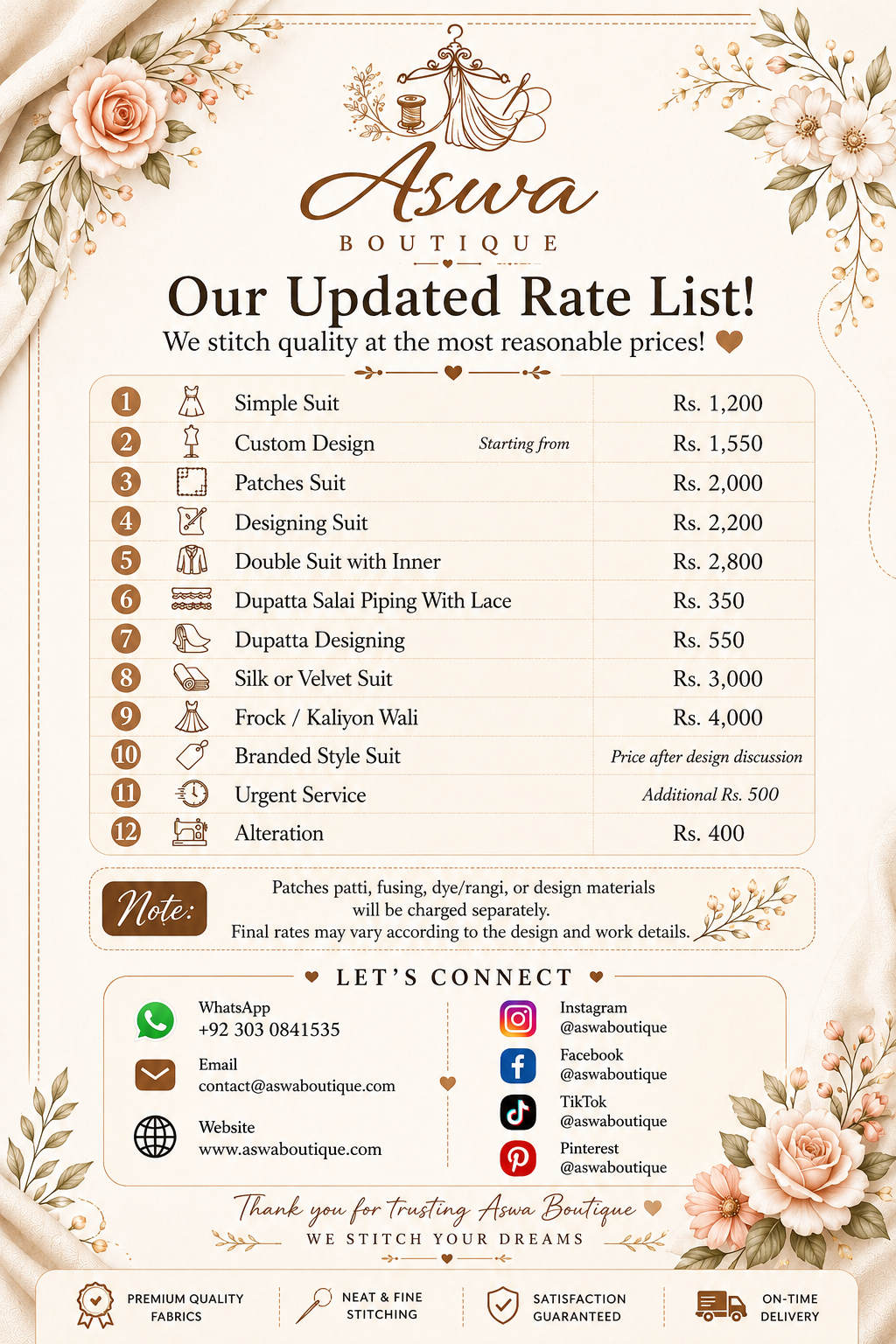Aswa Boutique official rate list with all pricing details